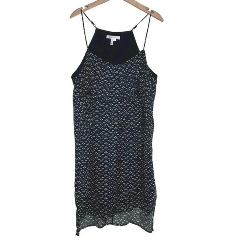 BCBGeneration Shift Dress L Black Floral Layered Ruffle Halter Mini - Picture 5 of 8
